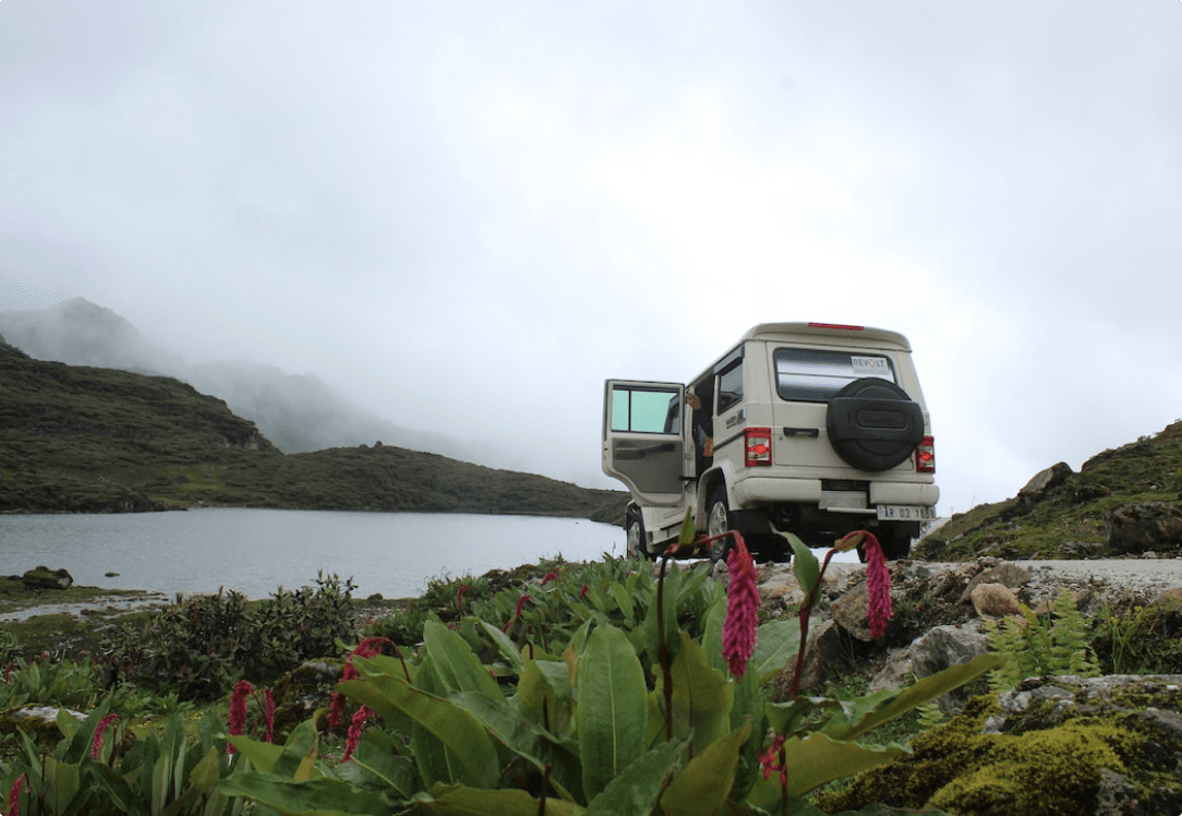 SUV parked by mountain lake with wildflowers in foreground