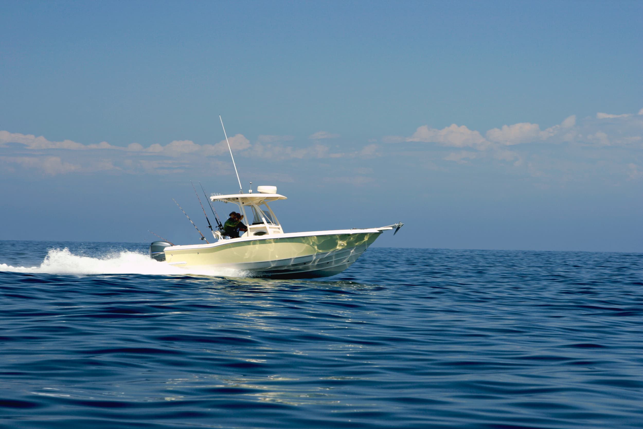 Boat interior showcasing extended coverage areas with offshore fishing and coastal cruising